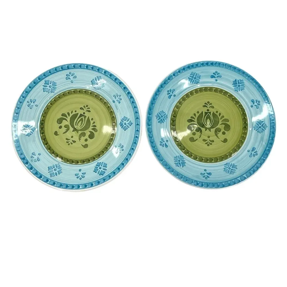 2 Williams Sonoma Italy Blue and Green Stencil Hand Painted Dinner Plates 11”